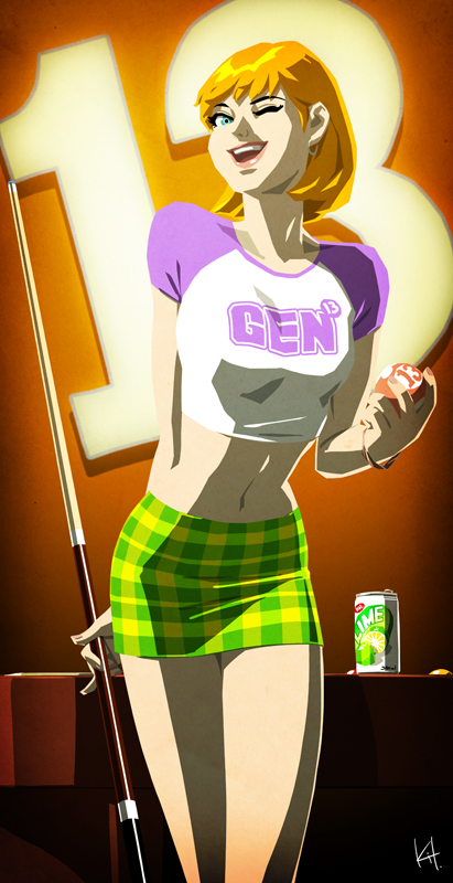 1girl ball billiards bracelet breasts can copyright_name cue_stick dc_comics female gen_13 gradient gradient_background indoors jewelry kit plaid plaid_skirt pool_ball pool_table raglan_sleeves shirt short_hair skirt soda solo t-shirt wink