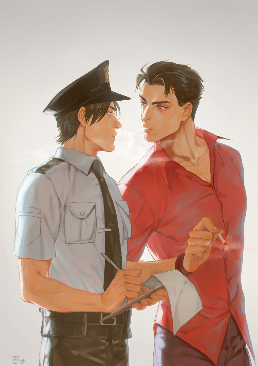 2boys aj ajiang batman_(series) belt black_hair blue_eyes brothers cigarette clipboard collared_shirt dc_comics dick_grayson family glaring hat jason_todd male_focus multiple_boys necktie peaked_cap pen police red_shirt shirt siblings smoking uniform wristband