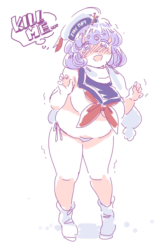 1girl blush cosplay english fat female full_body ghostbusters letty_whiterock md5_mismatch mitsumoto_jouji open_mouth solo standing stay_puft stay_puft_(cosplay) tears touhou trembling