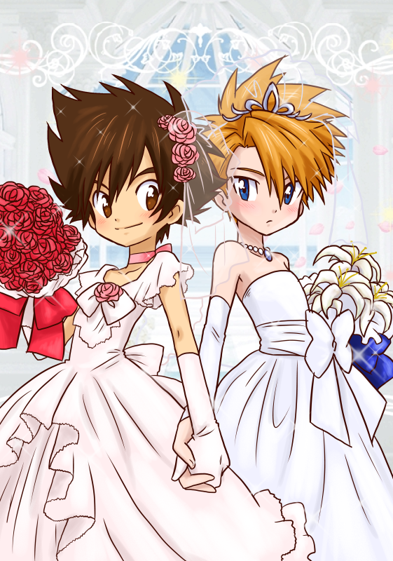 2boys blonde_hair blue_eyes blush bouquet bow bridal_gauntlets bridal_veil brown_eyes brown_hair choker crossdressinging digimon dress flower gloves hair_flower hair_ornament hand_holding ishida_yamato jewelry male_focus multiple_boys necklace pixiv_manga_sample short_hair smile tiara veil wedding_dress yagami_taichi