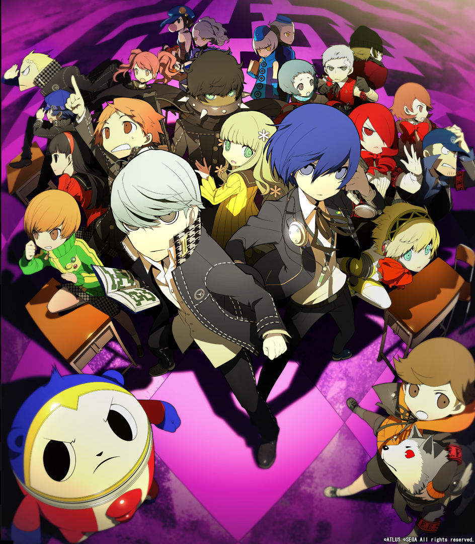 aegis aegis_(persona) amada_ken amagi_yukiko aragaki_shinjirou arisato_minato checkered checkered_floor chibi crossover desk elizabeth_(persona) everyone floor hanamura_yousuke iori_junpei kirijou_mitsuru koromaru kujikawa_rise kuma_(persona_4) margaret marie_(persona_4) multiple_boys multiple_girls narukami_yuu official_art persona persona_3 persona_4 persona_q rei_(persona_q) sanada_akihiko satonaka_chie shirogane_naoto short_hair takeba_yukari tatsumi_kanji teodor very_short_hair yamagishi_fuuka yuuki_makoto zen_(persona_q)