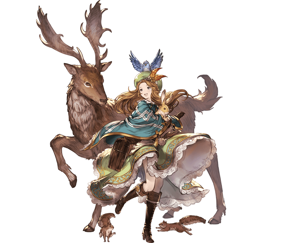 1girl animal bag bird boots brown_eyes brown_hair capelet deer dress full_body gloves granblue_fantasy hat holding jasmine_(granblue_fantasy) knee_boots long_hair looking_away minaba_hideo open_mouth rabbit simple_background smile squirrel transparent_background white_background