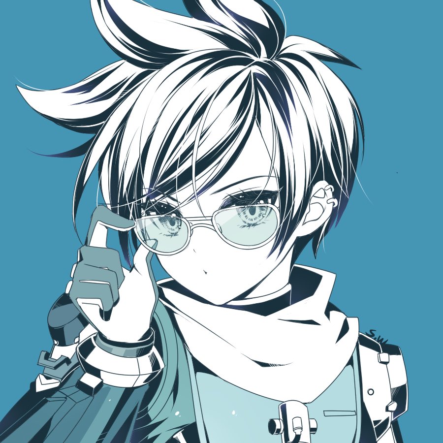 1girl alternate_costume armor artist_name atobesakunolove bangs blue_background body_armor bodysuit ear_piercing eyelashes face gloves hand_on_glasses hand_up long_sleeves looking_at_viewer monochrome overwatch piercing scarf short_hair simple_background solo spiky_hair sunglasses swept_bangs tracer_(overwatch) vambraces