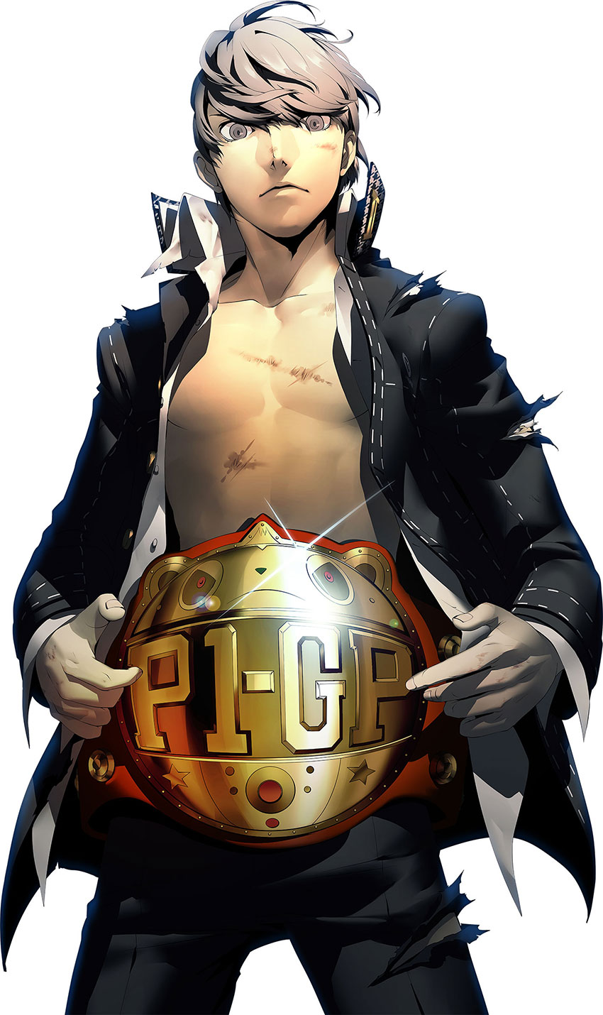 1boy abs atlus battle_damage championship_belt dirty grey_eyes hands_on_hips looking_at_viewer male_focus megami_tensei narukami_yuu official_art open_clothes open_shirt pecs persona persona_4 persona_4:_the_ultimate_in_mayonaka_arena persona_4:_the_ultimax_ultra_suplex_hold school_uniform shin_megami_tensei shirt short_hair silver_hair soejima_shigenori solo torn_clothes white_background