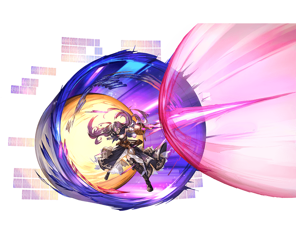 1girl bangs belt beltskirt black_boots black_gloves boots dress floating_hair full_body gloves granblue_fantasy hair_between_eyes knee_boots laser long_hair mask minaba_hideo official_art purple_hair rosamia_(granblue_fantasy) sheath simple_background solo sword talisman transparent_background underbust unsheathed weapon yellow_eyes