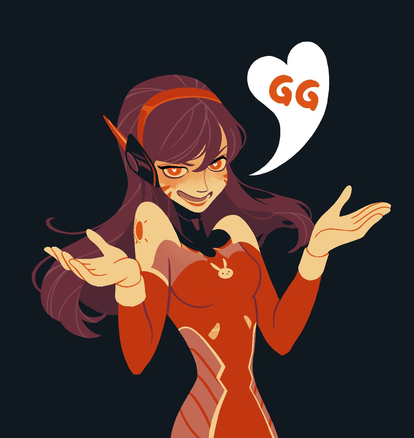 1girl alternate_color alternate_eye_color bangs bodysuit bracer breasts brown_hair bunny_print d.va_(overwatch) facepaint facial_mark gloves hair_between_eyes hands_up heart heart-shaped_pupils high_collar highres long_hair long_sleeves looking_at_viewer medium_breasts open_mouth overwatch pauldrons pilot_suit red_eyes red_lips ribbed_bodysuit shoulder_pads shrug simple_background smile solo symbol-shaped_pupils teeth thin_waist turtleneck upper_body whisker_markings white_gloves