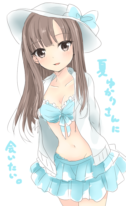 1girl aiseshia alternate_costume arms_behind_back bikini blue_bikini bow breasts brown_eyes brown_hair cleavage collarbone eyebrows front-tie_bikini front-tie_top hat hat_bow idolmaster idolmaster_cinderella_girls idolmaster_cinderella_girls_starlight_stage jacket leaning_forward long_hair looking_at_viewer mizumoto_yukari navel sidelocks solo swimsuit translation_request white_jacket