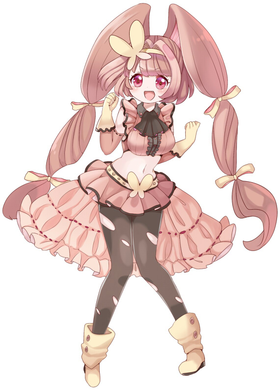 1girl :d black_legwear boots bow full_body gloves hair_bow koma_(niigata) lopunny midriff navel open_mouth personification pink_skirt pokemon red_eyes skirt smile solo standing twintails