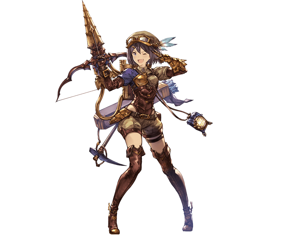 &gt;;d 1girl ;d arrow bangs belt blue_eyes boots bow_(weapon) breasts brown_boots brown_gloves brown_hat brown_shorts drill elbow_gloves fang feathers feena_(shingeki_no_bahamut) full_body gloves goggles goggles_on_headwear granblue_fantasy hair_between_eyes hair_ornament hairclip hat hat_feather holding holding_weapon lantern minaba_hideo official_art one_eye_closed open_mouth pickaxe puffy_shorts purple_hair quiver shingeki_no_bahamut short_hair shorts simple_background small_breasts smile solo standing thigh-highs thigh_boots thigh_strap transparent_background weapon