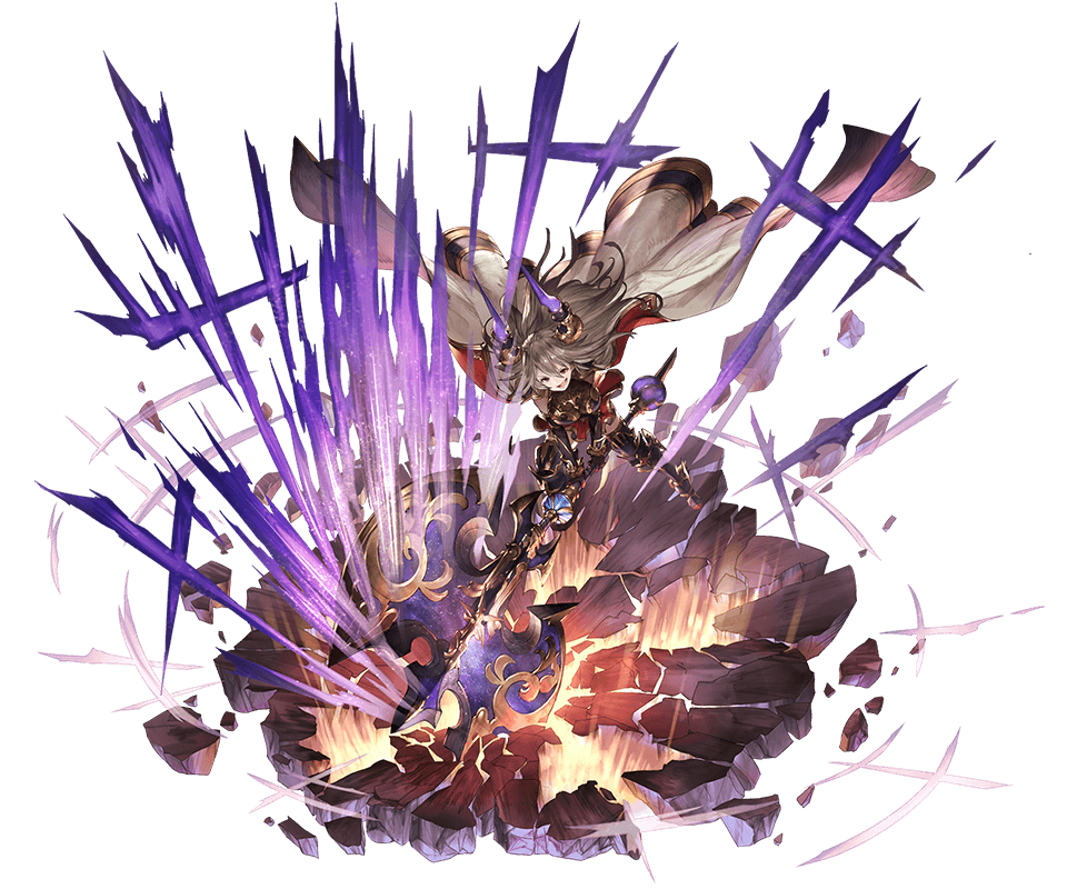 &gt;:d 1girl :d ahoge attack axe bangs battle_axe black_gloves black_legwear broken_ground cape doraf full_body gloves granblue_fantasy grey_hair hair_between_eyes high_heels holding holding_weapon horns long_hair minaba_hideo miniskirt official_art open_mouth pointy_ears red_eyes red_skirt sarasa_(granblue_fantasy) simple_background skirt smile solo star_(sky) teeth thigh-highs transparent_background weapon zettai_ryouiki