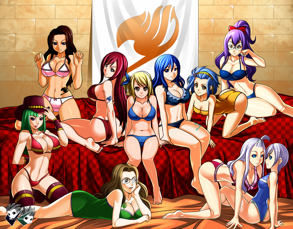 6+girls ass bikini bisca_mulan blonde_hair blue_hair bra breasts cana_alberona erza_scarlet evergreen_(fairy_tail) fairy_tail glasses green_hair hat jadenkaiba juvia_loxar laki_olietta large_breasts levy_mcgarden lisanna_strauss lucy_heartfilia mirajane_strauss multiple_girls panties purple_hair redhead swimsuit tattoo tattooed_breast thigh-highs underwear white_hair