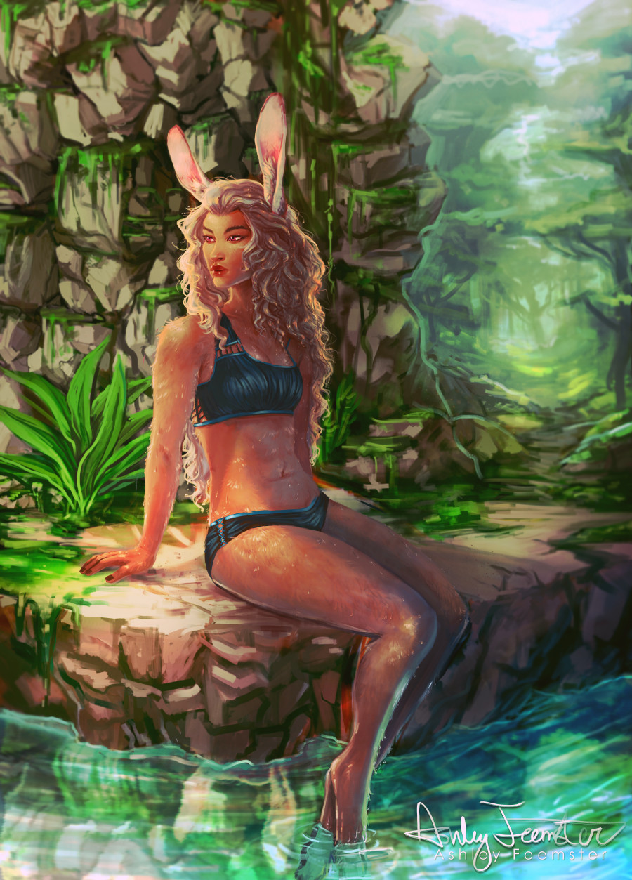 1girl abs animal_ears ashley_feemster bikini breasts cleavage final_fantasy final_fantasy_xii fran grey_hair highres long_hair looking_to_the_side navel plant rabbit_ears sitting solo stomach swimsuit toned very_long_hair water wet