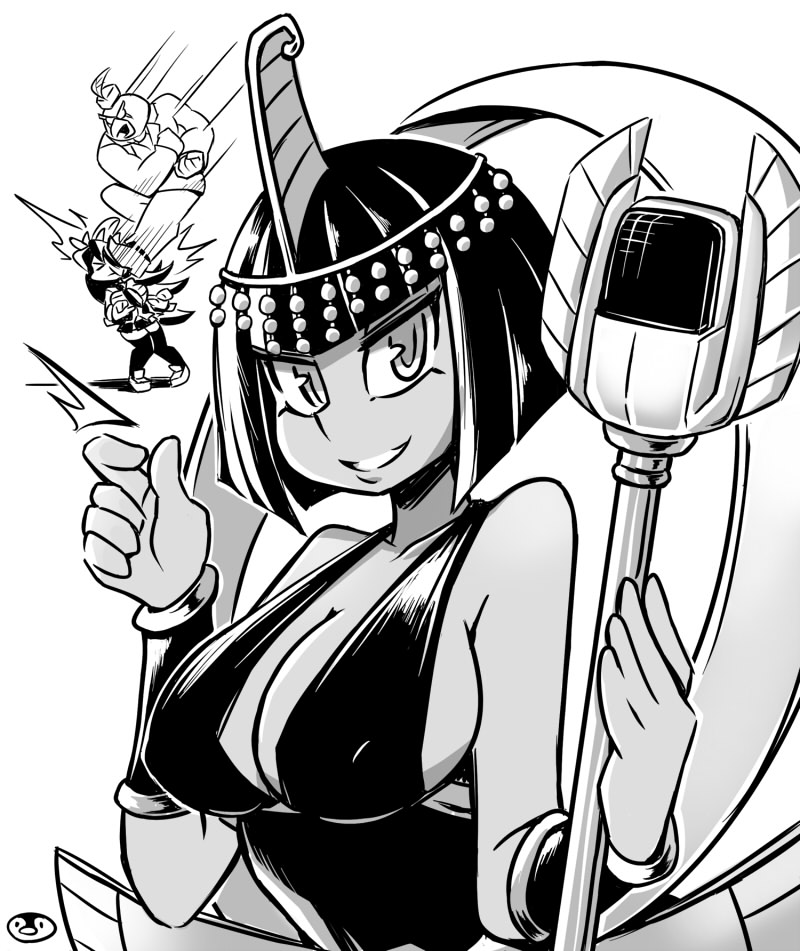 1boy 2girls breasts cleavage egyptian eliza_(skullgirls) grin horace_(skullgirls) jewelry kicking large_breasts lots_of_jewelry microphone monochrome multiple_girls samson_(skullgirls) short_hair sideboob skullgirls smile tagme teeth tiara vincent_(hiyakuen)