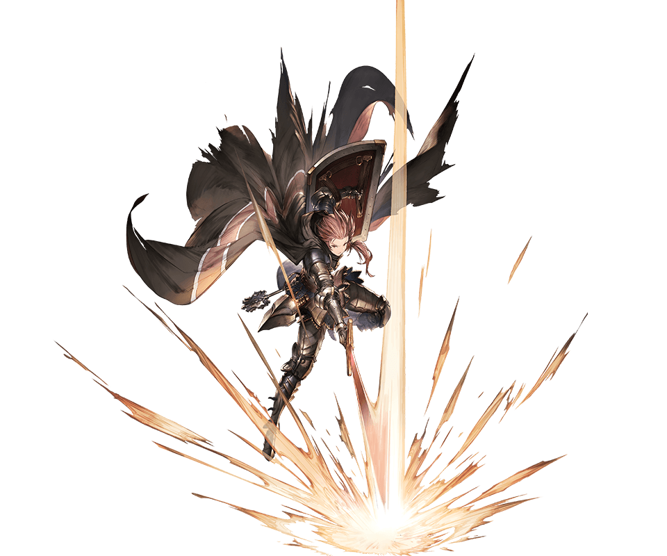 1girl armor attack bangs belt black_lipstick boremia cape full_body gauntlets granblue_fantasy holding holding_sword holding_weapon lipstick long_hair makeup minaba_hideo official_art pink_eyes pink_hair shield side_ponytail simple_background solo sword torn_cape torn_clothes transparent_background weapon