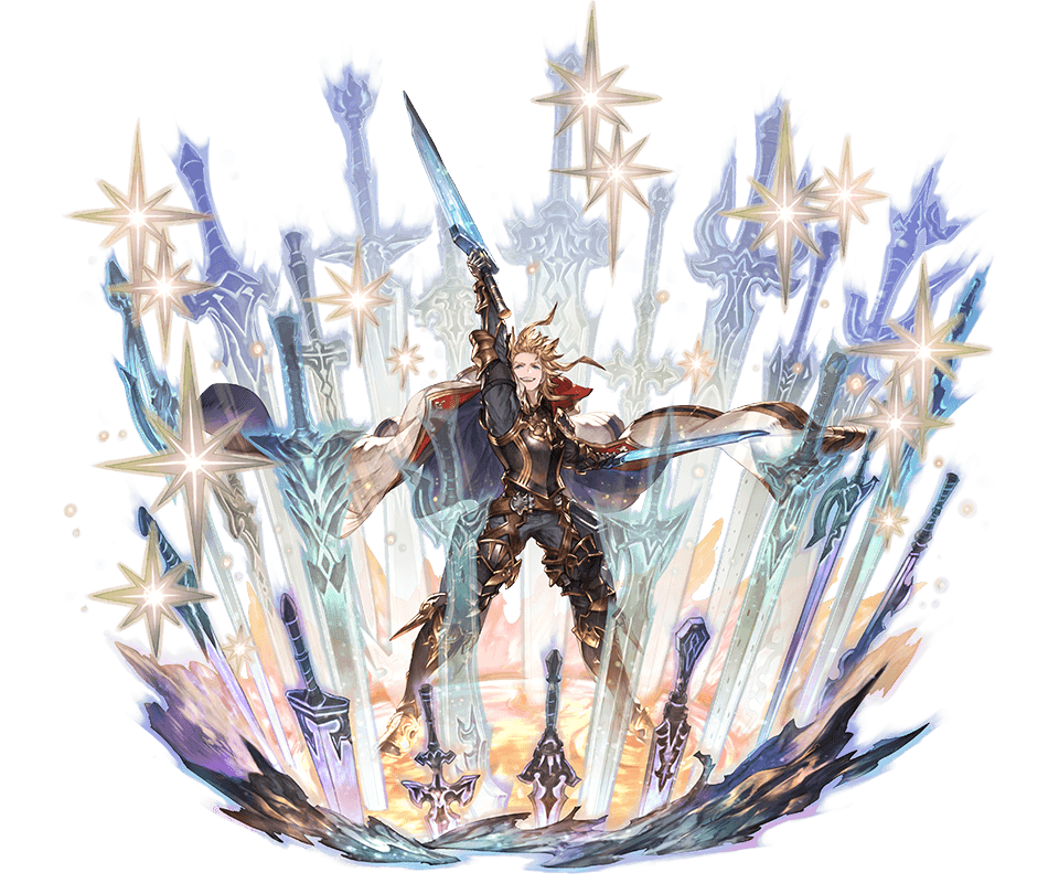 1boy ahoge arm_up armor belt black_pants blonde_hair blue_eyes breastplate cape full_body granblue_fantasy greaves looking_at_viewer male_focus minaba_hideo official_art open_mouth pants planted_sword planted_weapon puddle sheath short_hair siete simple_background smirk smug solo space sparkle standing star_(sky) sword teeth transparent_background unsheathed water weapon