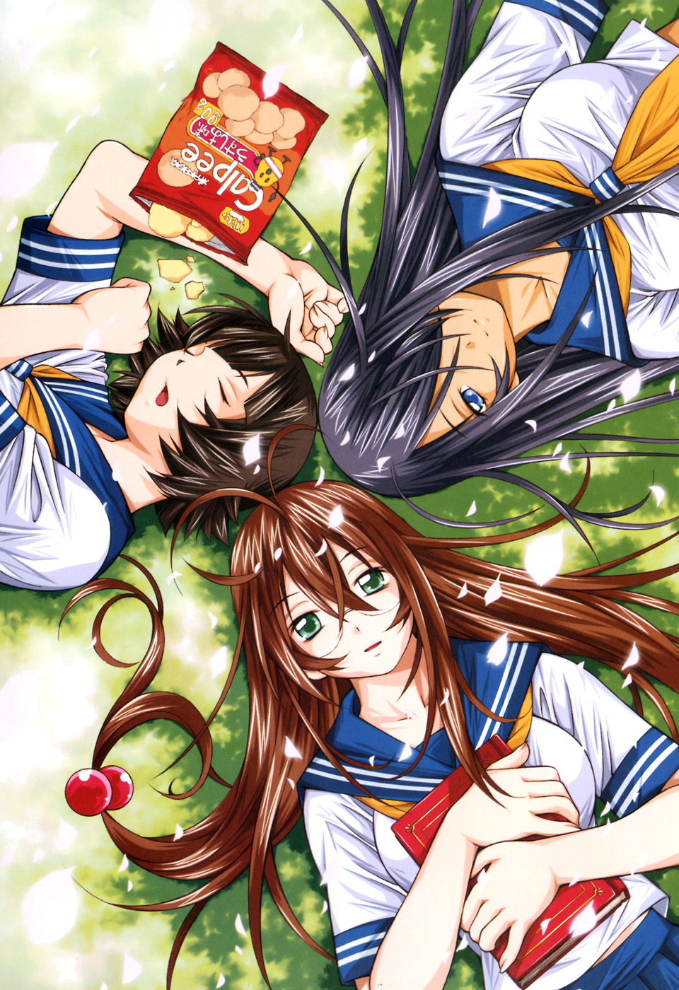 3girls ann_marcellino antenna_hair black_hair blue_eyes blue_skirt book brown_hair chouhi_ekitoku collarbone food from_above glasses hair_bobbles hair_ornament hair_over_one_eye highres holding holding_book kan'u_unchou long_hair looking_at_viewer lying multiple_girls official_art on_back open_mouth outdoors petals pleated_skirt ryuubi_gentoku school_uniform serafuku shiozaki_yuji shirt short_hair skirt sleeping white_shirt