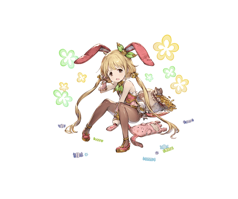 1girl animal_ears blonde_hair brown_eyes bunnysuit coin dice dice_hair_ornament fake_animal_ears full_body futaba_anzu granblue_fantasy hair_ornament hair_ribbon idolmaster idolmaster_cinderella_girls long_hair low_twintails minaba_hideo official_art open_mouth pantyhose rabbit rabbit_ears ribbon simple_background solo transparent_background twintails