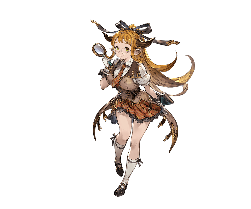 1girl book bow bowtie brown_hair full_body glasses gloves granblue_fantasy green_eyes horns long_hair looking_at_viewer magnifying_glass mary_janes minaba_hideo necktie pleated_skirt pointy_ears ponytail shoes short_sleeves simple_background skirt smile socks solo white_gloves