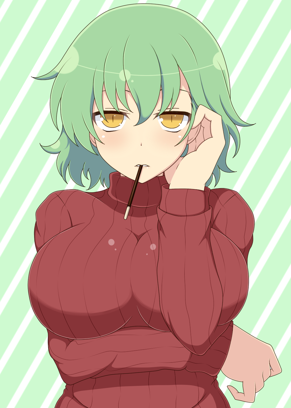 1girl blush breast_hold breasts food food_in_mouth green_hair hair_tucking highres hikage_(senran_kagura) ichiryuu_tsumiki impossible_clothes large_breasts looking_at_viewer mouth_hold pocky ribbed_sweater senran_kagura senran_kagura_(series) short_hair slit_pupils solo striped striped_background sweater turtleneck_sweater upper_body yellow_eyes