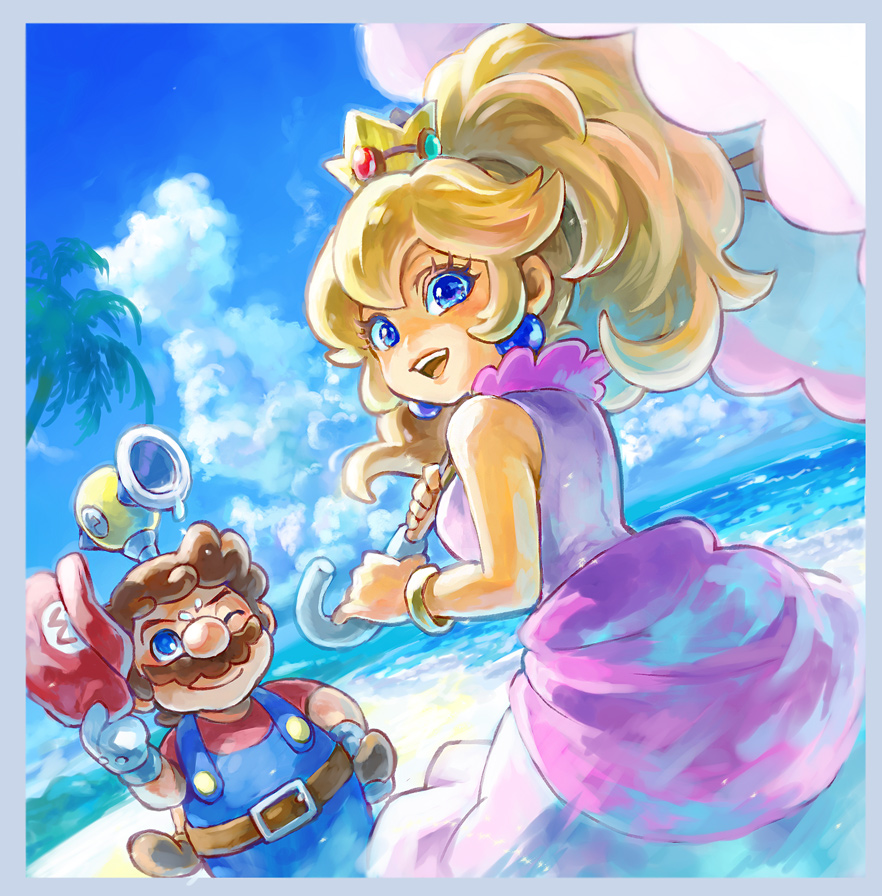 1boy 1girl alternate_costume alternate_hairstyle beach belt brown_hair clouds crown earrings f.l.u.d.d. facial_hair from_behind gloves hat jewelry looking_back mario super_mario_bros. mustache nintendo overalls palm_tree parasol ponytail princess_peach shoulders smile super_mario_bros. super_mario_sunshine tree umbrella water wink