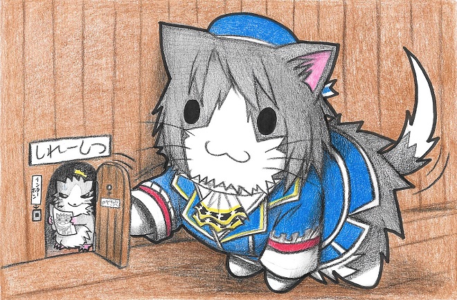 /\/\/\ 0_0 :3 animal animalization beret cat clothed_animal colored_pencil_(medium) commentary_request dainamitee hat kantai_collection military military_uniform no_humans non-human_admiral_(kantai_collection) open_door rat tail_wagging takao_(kantai_collection) traditional_media uniform
