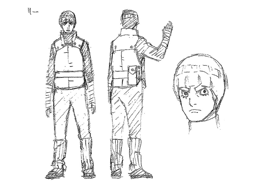 1boy bandage eyebrows from_behind kishimoto_masashi looking_at_viewer male_focus monochrome naruto naruto:_the_last ninja official_art rock_lee sandals short_hair sketch solo white_background