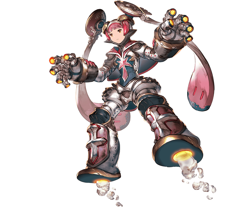 1girl android bangs blunt_bangs closed_mouth expressionless flying full_body granblue_fantasy long_hair minaba_hideo official_art orange_eyes pink_hair robomi_(granblue_fantasy) robot_joints simple_background solo steam transparent_background twintails