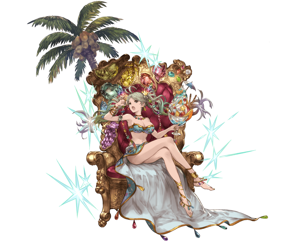 1girl apple apricot_(fruit) aqua_bikini armlet bikini bracelet breasts cherry cleavage coconut crystal de_la_fille earrings eating floating_hair food fruit full_body gem granblue_fantasy grapes green_eyes green_hair groin hair_ornament jewelry large_breasts legs_crossed lime_(fruit) long_hair minaba_hideo navel necklace official_art open_mouth palm_tree pear pineapple rainbow_hair ring simple_background sitting smile solo swimsuit throne transparent_background tree twintails