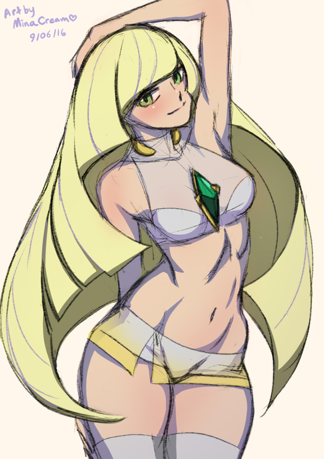 adapted_costume artist_name blonde_hair blush breasts crop_top dated green_eyes halter_top halterneck impossible_hair long_hair lusamine_(pokemon) midriff mina_cream miniskirt navel pokemon pokemon_(game) pokemon_sm short_shorts shorts skirt thigh-highs thighs toned very_long_hair