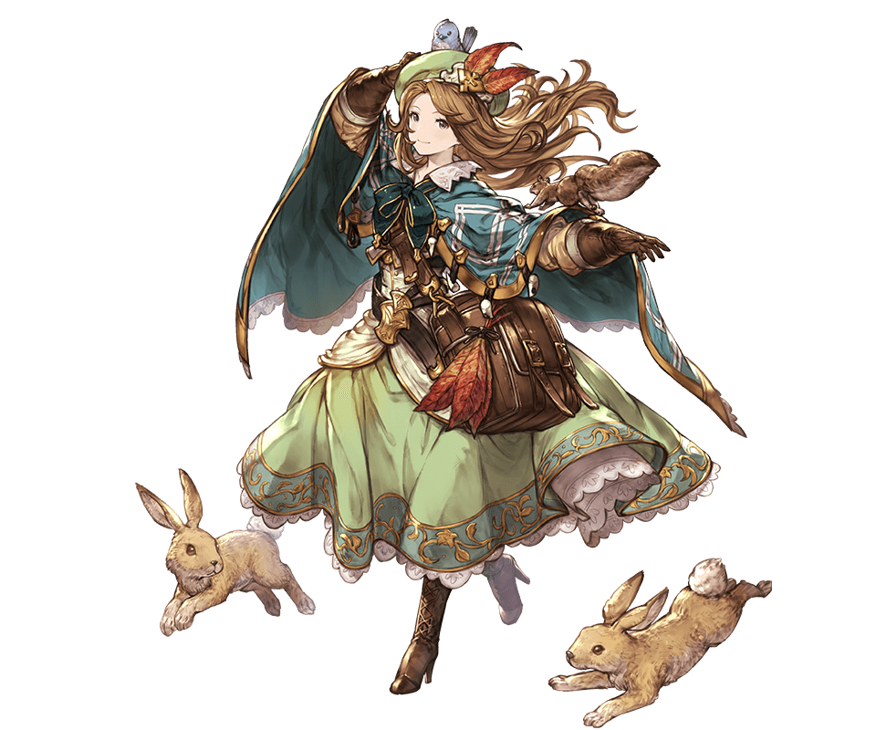 1girl animal bag belt bird boots brown_eyes brown_hair capelet dress full_body gloves granblue_fantasy hat jasmine_(granblue_fantasy) knee_boots long_hair looking_at_viewer minaba_hideo rabbit simple_background smile squirrel transparent_background white_background