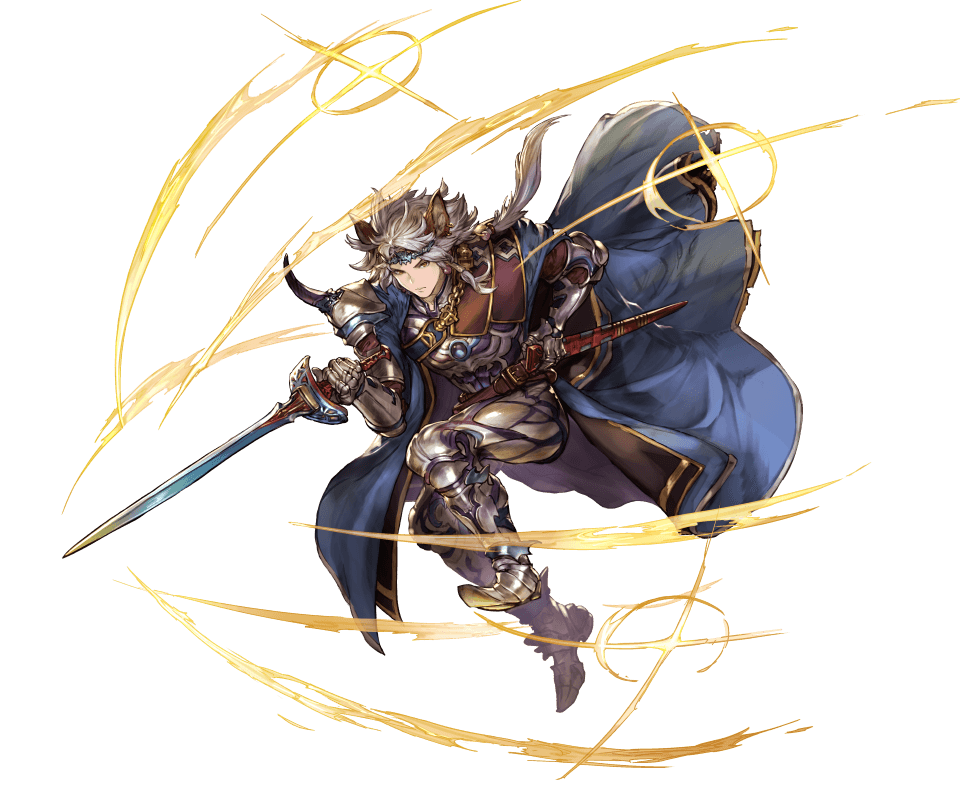 1boy animal_ears armor belt brown_eyes cape cat_ears chains circlet closed_mouth erun_(granblue_fantasy) full_body granblue_fantasy hair_tubes holding holding_sword holding_weapon long_hair male_focus minaba_hideo official_art ponytail seruel sheath silver_hair simple_background solo sparkle spikes sword transparent_background weapon