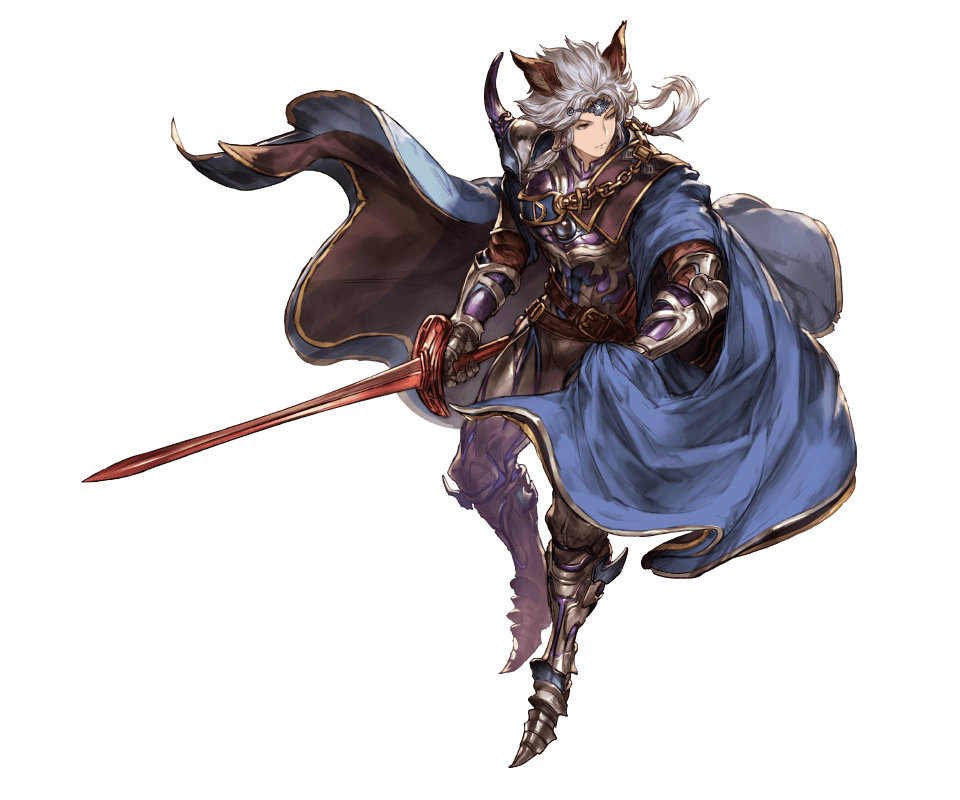 1boy animal_ears armor belt brown_eyes cape cat_ears chains circlet closed_mouth erun_(granblue_fantasy) full_body granblue_fantasy hair_tubes holding holding_sword holding_weapon long_hair male_focus minaba_hideo official_art seruel silver_hair simple_background solo spikes sword transparent_background weapon