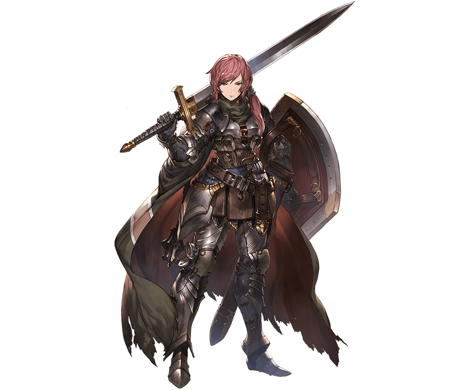 1girl armor bangs belt black_lipstick boremia cape full_body gauntlets granblue_fantasy holding holding_sword holding_weapon lipstick long_hair looking_at_viewer makeup minaba_hideo official_art over_shoulder pink_eyes pink_hair shield side_ponytail simple_background solo standing sword torn_cape torn_clothes transparent_background weapon weapon_over_shoulder