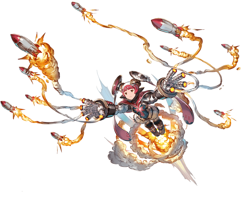 1girl android bangs blunt_bangs closed_mouth expressionless firing flying full_body granblue_fantasy long_hair minaba_hideo missile official_art orange_eyes pink_hair robomi_(granblue_fantasy) robot_joints simple_background solo steam transparent_background twintails