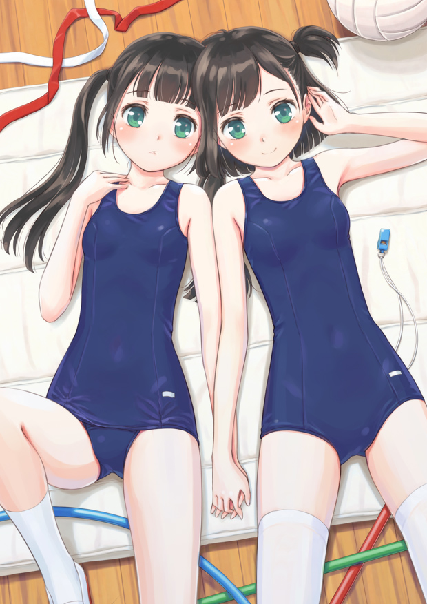 2girls blue_swimsuit breasts covered_navel dktaka hand_holding long_hair lying mat multiple_girls new_school_swimsuit old_school_swimsuit on_back one one-piece_swimsuit one_side_up original school_swimsuit shoes short_hair side_ponytail small_breasts socks swimsuit thigh-highs twintails two_side_up uwabaki volleyball whistle white_legwear