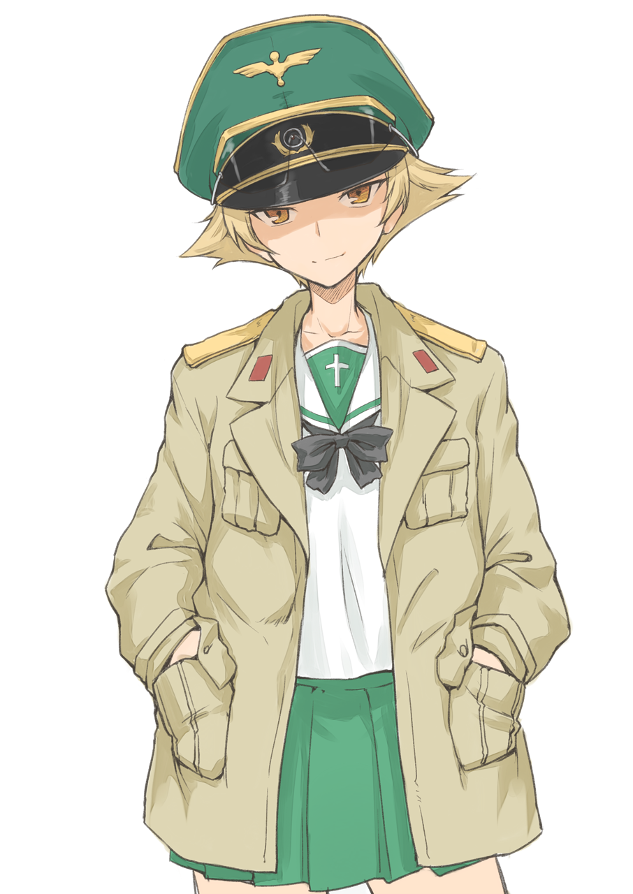 1girl blonde_hair blouse bow brown_eyes brown_jacket cowboy_shot erwin_(girls_und_panzer) girls_und_panzer goggles goggles_on_headwear green_skirt hands_in_pockets harukon_(halcon) hat highres jacket light_smile long_sleeves looking_at_viewer military military_uniform miniskirt open_clothes open_jacket peaked_cap pleated_skirt pointy_hair school_uniform serafuku short_hair simple_background skirt solo standing uniform white_background white_blouse