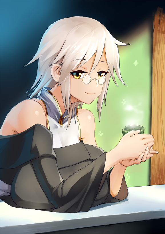 1girl bare_shoulders borrowed_character breast_rest breasts cup echigo_(shiro_maru) glasses large_breasts looking_at_viewer original sasebono_mari short_hair shoulder_rest silver_hair smile solo teacup yellow_eyes