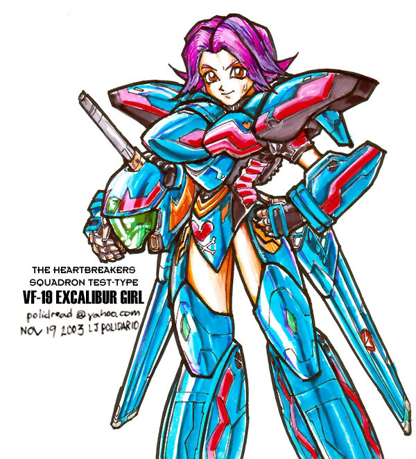 1girl armor headwear_removed helmet helmet_removed macross macross_plus mecha_musume polidread purple_hair red_eyes vf-19