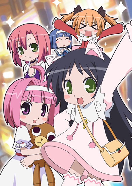 &gt;_&lt; 5girls ahoge angry animal_ears arm_up bag bangs belt black_hair blue_hair blush blush_stickers breasts character_request child choker cleavage closed_eyes dress female green_eyes hair_ornament hair_ribbon handbag hatomugisan headband long_hair long_sleeves multiple_girls orange_hair outstretched_arms pink_dress pink_hair puffy_sleeves ribbon rio_-rainbow_gate!- short_hair short_sleeves smile sparkle stuffed_animal stuffed_toy super_blackjack teddy_bear thigh-highs toy twintails violet_eyes white_dress
