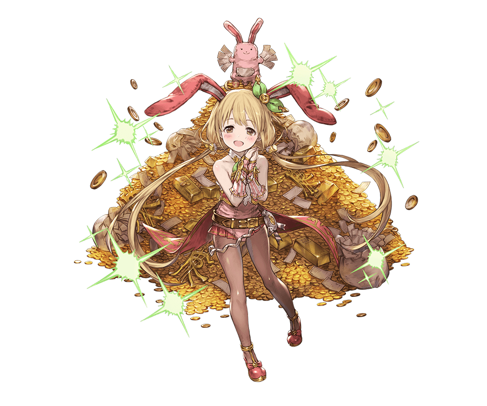 1girl :d animal_ears belt blonde_hair blush brown_eyes bunnysuit coin dice dice_hair_ornament fake_animal_ears full_body futaba_anzu gold_bar granblue_fantasy hair_ornament hair_ribbon idolmaster idolmaster_cinderella_girls long_hair low_twintails minaba_hideo money official_art open_mouth pantyhose rabbit rabbit_ears ribbon simple_background smile solo transparent_background twintails