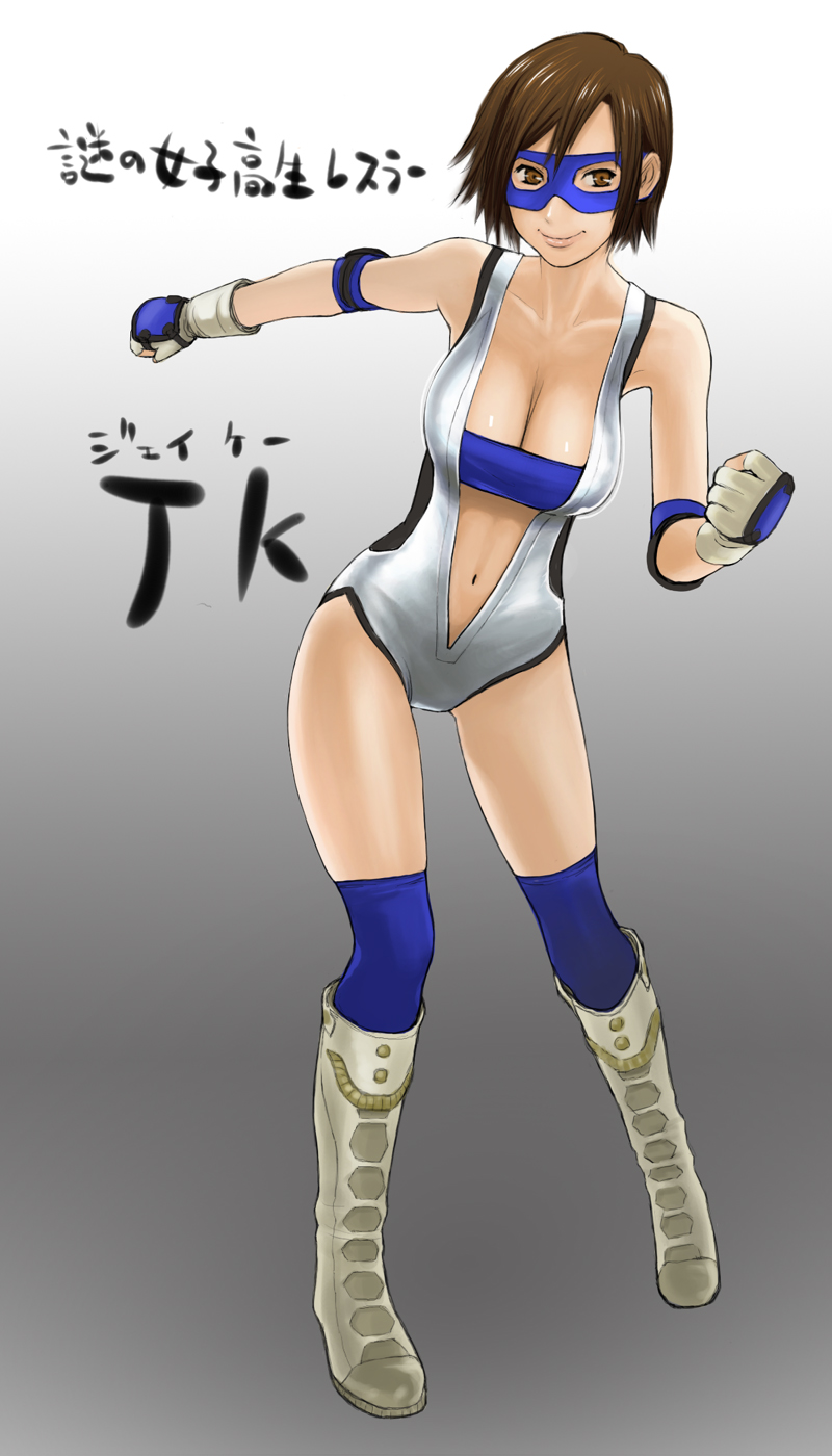 1girl adapted_costume blue_legwear boots breasts brown_eyes brown_hair center_opening cleavage collarbone elbow_pads fingerless_gloves gloves hawk_(cwmg) highres kazama_asuka knee_boots large_breasts leotard mask navel smile solo tekken thigh-highs wrestling_outfit