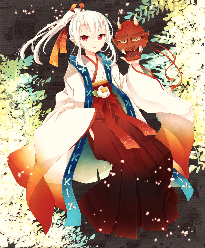 1boy chiyomatsu flower full_body goma_(11zihisin) hakama holding horns japanese_clothes kimono long_hair long_sleeves looking_at_viewer male_focus mask nature oni_horns oni_mask original outdoors petals pointy_ears ponytail red_eyes solo trap white_hair wide_sleeves