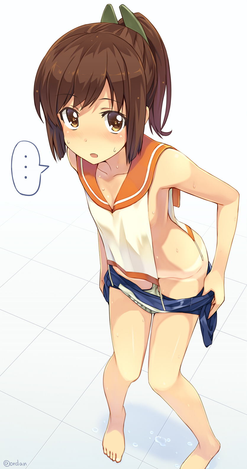 ... 1girl amagai_tarou barefoot blush breasts brown_eyes brown_hair highres i-401_(kantai_collection) kantai_collection looking_at_viewer one-piece_swimsuit open_mouth ponytail school_swimsuit short_hair short_ponytail small_breasts solo speech_bubble swimsuit tan tanline twitter_username undressing wet
