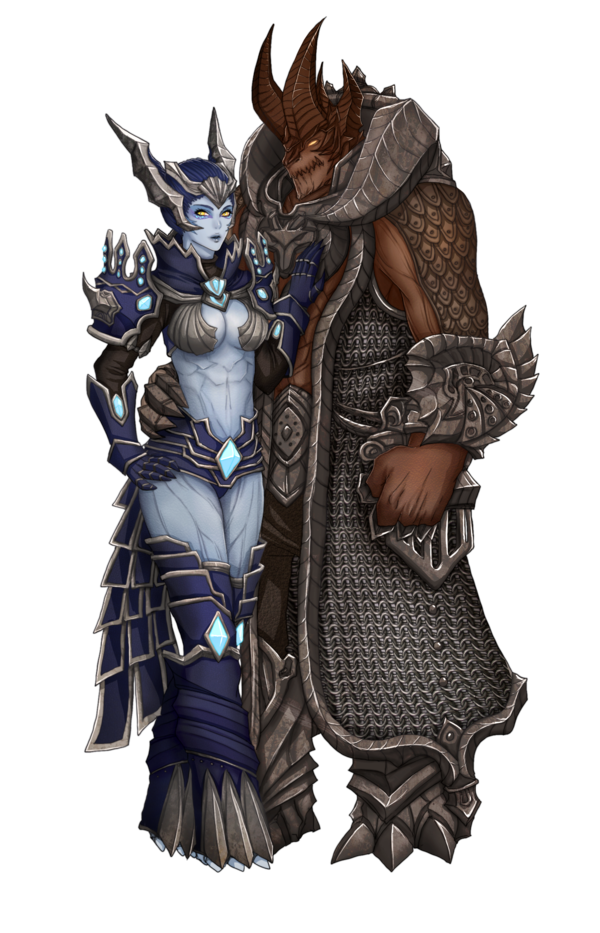 1boy 1girl abs aman_(tera) arm_around_waist arm_guards belt blue_skin breasts claws cleavage couple gloves glowing glowing_eyes hand_on_another's_chest hand_on_hip high_collar horns jacket long_sleeves midriff muscle nipuni no_pupils open_clothes open_jacket parted_lips scale_armor shoulder_pads solid_eyes spikes tera_online transparent_background yellow_eyes