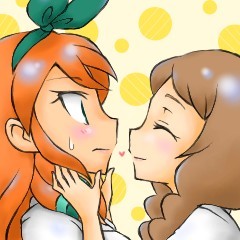 2girls blush bow brown_hair closed_eyes hair_bow heart inazuma_eleven_(series) inazuma_eleven_go long_hair lowres multiple_girls ohshioyou orange_hair seto_midori sweat upper_body yamana_akane yuri