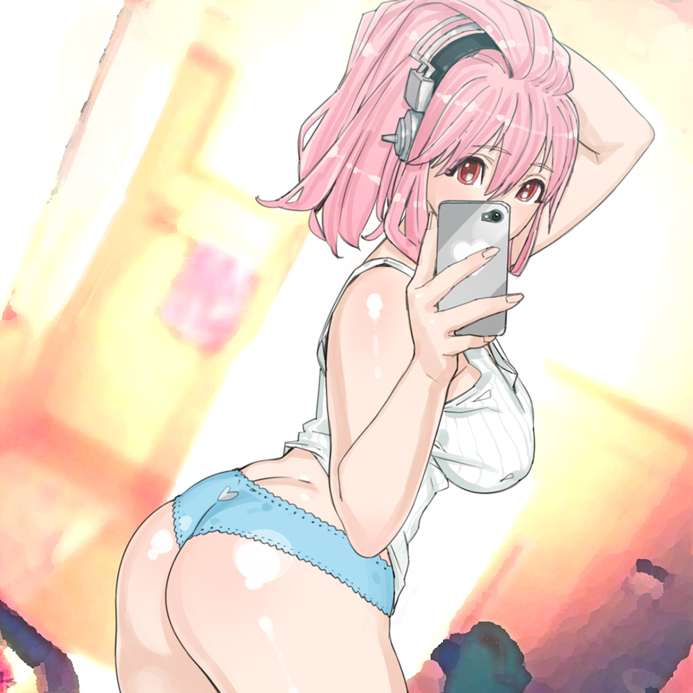 1girl ass bathroom blue_panties breasts butt_crack cellphone crazydiamondhill heart heart_print iphone large_breasts lingerie nitroplus panties phone pink_crown pink_eyes pink_hair red_eyes self_shot smartphone solo super_sonico tank_top underwear underwear_only