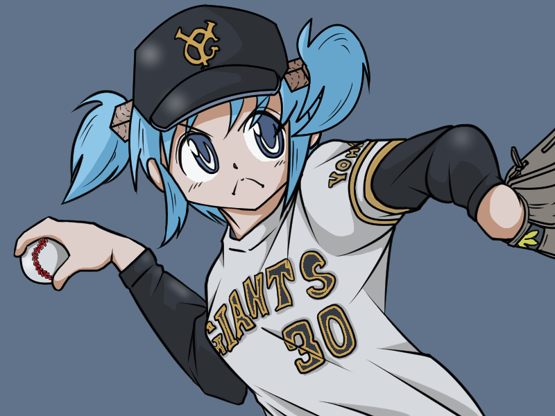 &gt;:( 1girl a-king alternate_costume baseball baseball_cap baseball_glove baseball_jersey baseball_uniform black_hat blue_background blue_eyes blue_hair hair_cubes hair_ornament hat logo naganohara_mio nichijou nippon_professional_baseball pitching short_hair short_twintails simple_background solo sportswear twintails yomiuri_giants