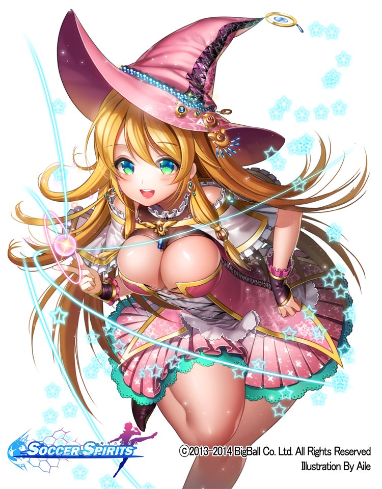 1girl aile_(crossroads) blonde_hair blue_eyes blush breasts cleavage hat long_hair magic official_art original sirius_(soccer_spirits) smile soccer_spirits solo watermark witch_hat