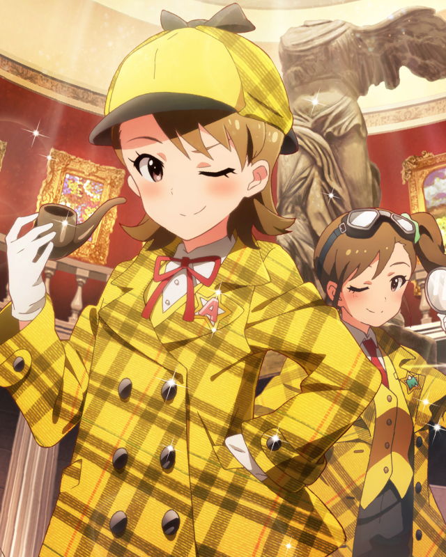 2girls bow bowtie brown_eyes brown_hair cabbie_hat capelet deerstalker detective double-breasted female futami_ami futami_mami gloves goggles goggles_on_head hat idolmaster idolmaster_million_live! kawakami_tetsuya looking_at_viewer magnifying_glass multiple_girls musical_note necktie official_art one_eye_closed paid_jacket peacoat pipe siblings side_ponytail sisters smile white_gloves wink yellow_jacket