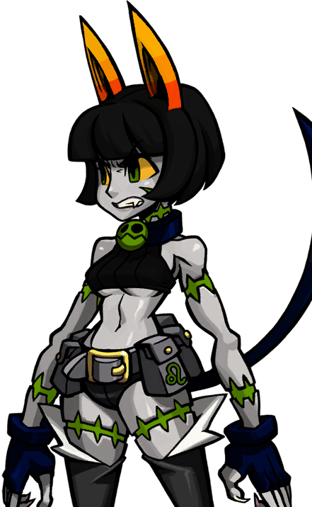 1girl alex_ahad alternate_color angry animal_ears bare_shoulders bell bell_collar belt belt_pouch black_hair bob_cut breasts buckle buttons cat_ears cat_tail claws clenched_teeth collar cowboy_shot crop_top fang female fingerless_gloves fingernails gloves green_eyes grey_skin grin homestuck jewelry midriff ms._fortune_(skullgirls) necklace nepeta_leijon official_art pale_skin pendant photoshop pocket scar sharp_fingernails short_hair short_shorts shorts skullgirls smile solo tail tattoo teeth transparent_background under_boob yellow_sclera